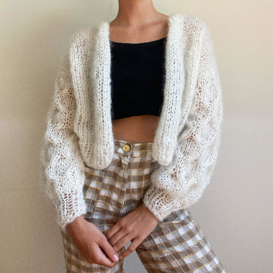 Monday Journal, honey comb cardigan, knitted chunky cardigan, mohair cardigan