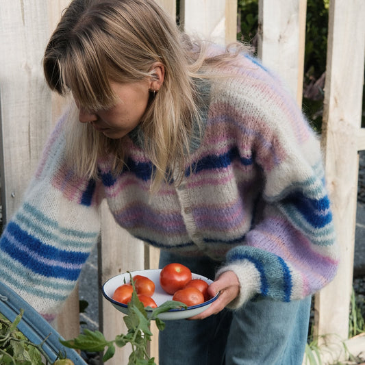 Person holding a plate of tomatoes in a garden